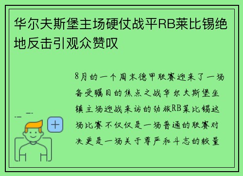 华尔夫斯堡主场硬仗战平RB莱比锡绝地反击引观众赞叹