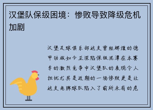 汉堡队保级困境：惨败导致降级危机加剧