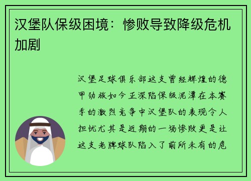 汉堡队保级困境:惨败导致降级危机加剧
